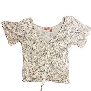 Willow-Root Floral‎ Smocked Crop Top V-Neck Puff Sleeve M Peasant Boho Cottage